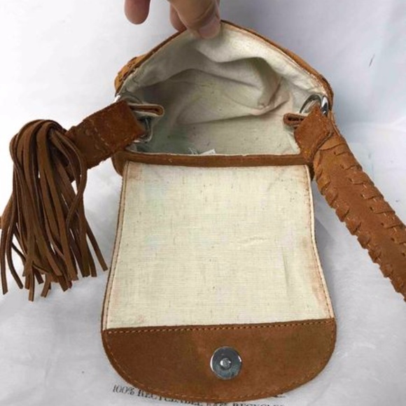 ZARA Suede Leather Mini Crossbody Bag Snap Closure Laced Strap Woven Trim Fringe - Picture 13 of 13